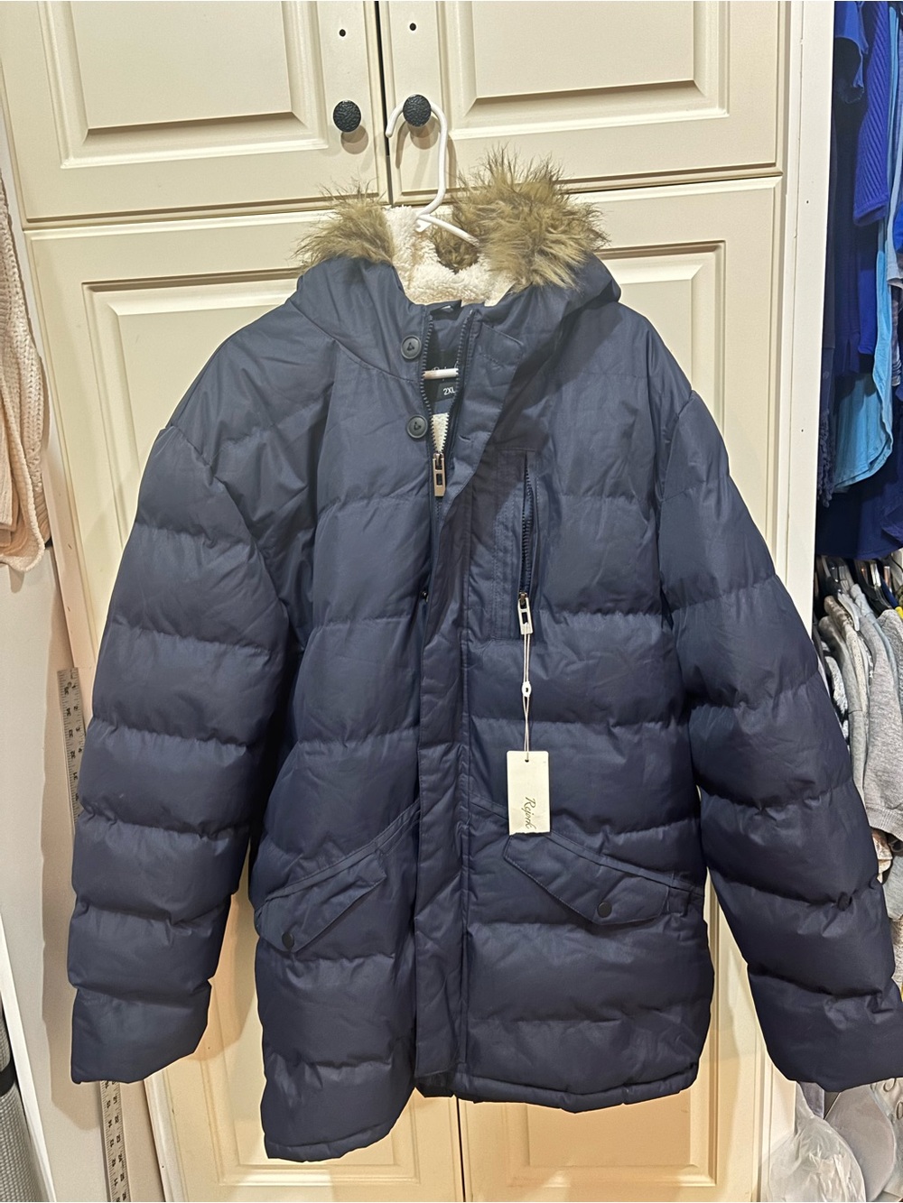 Rejork Adult Men’s 2xl Puffer Coat with Faux-Fur Hood - Sherpa lined